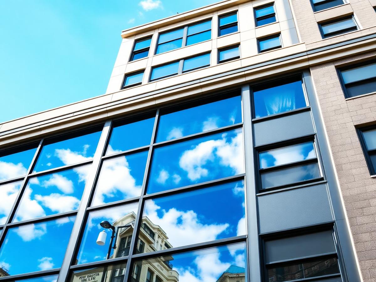 Modern NYC apartment building with reflective windows