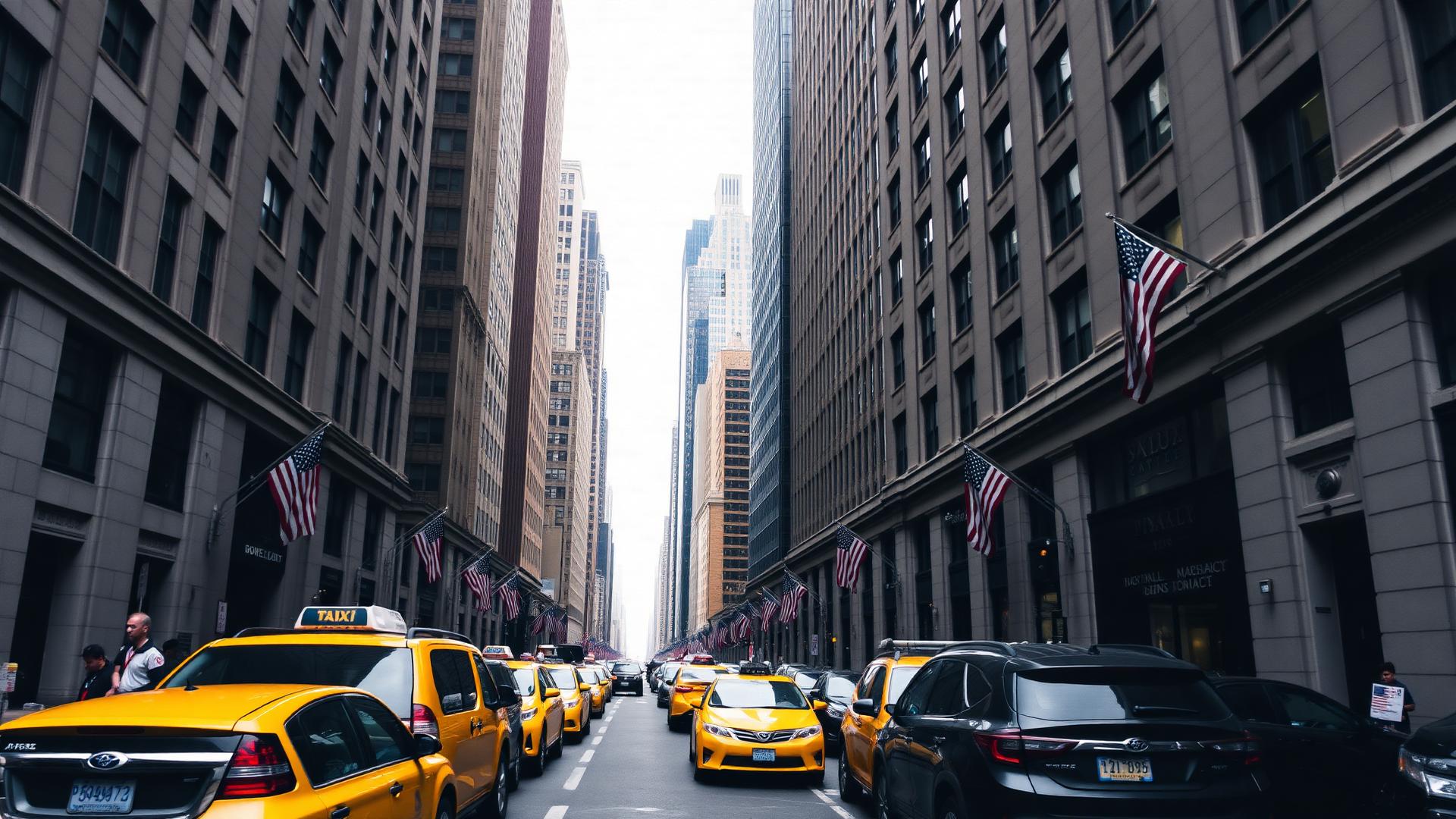 Busy New York City street with taxis and Manhattan buildings