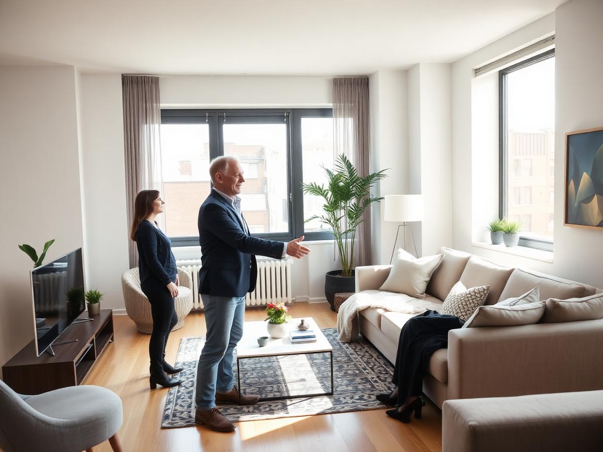 Landlord greeting tenants in a bright NYC apartment