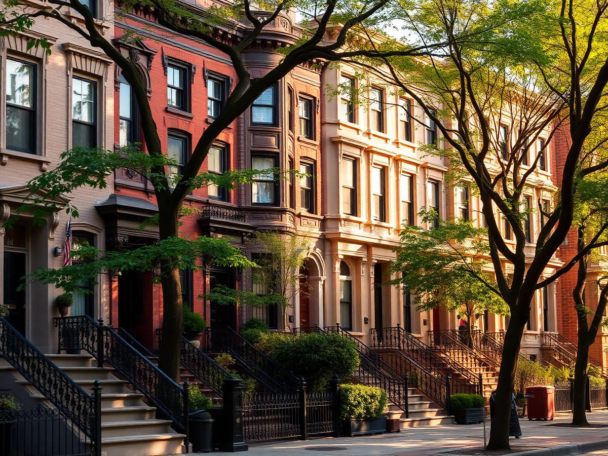 Row of NYC brownstone townhouses in warm light